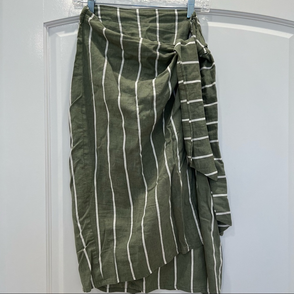 FAITHFUL THE BRAND Linen Summer Striped Midi KHAKI Tie Skirt